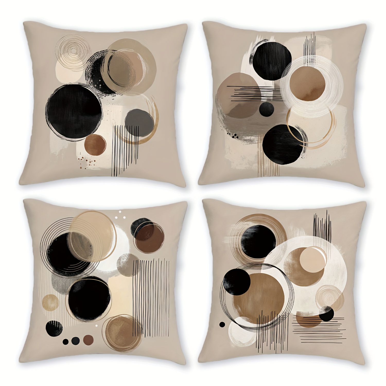E-shop 4er-Set, Böhmische Mid-Century Modern Abstrakte Runde Kunst, Dekorative Kissenbezüge mit neutralem Beige- Schwarz-geometrischem Muster,