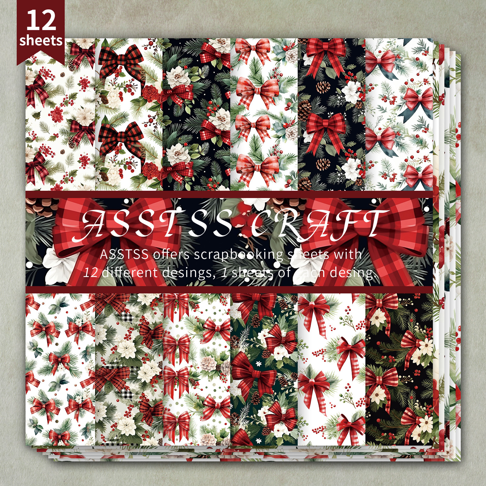 TEMU 12-sheet Asstss Scrapbooking Paper Pad, Christmas Bow Backing Paper Supplies, Sturdy Cardstock For Journaling, Collage Art, Greeting Cards, &