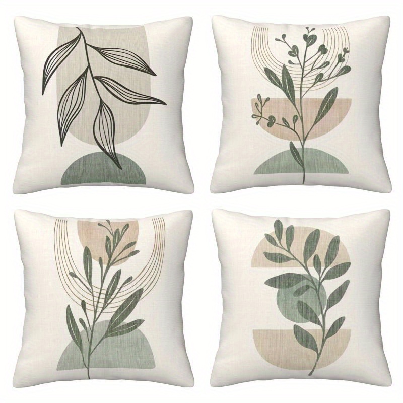 

4pcs Set Throw Pillow Covers With Abstract Leaves & - , Zip Closure, Machine Washable For Living Room Decor, Bohemian Style, Without Pillow , Single-sided Print