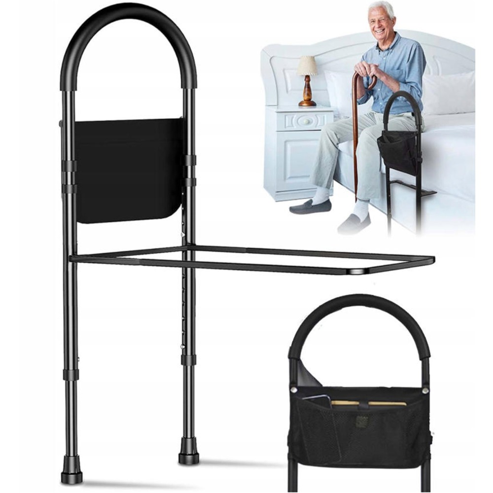 Image of Adjustable Bed Safety Guard Rail, Black Bedside Rise Support Frame With Multi Height Setting For Home Bedroom