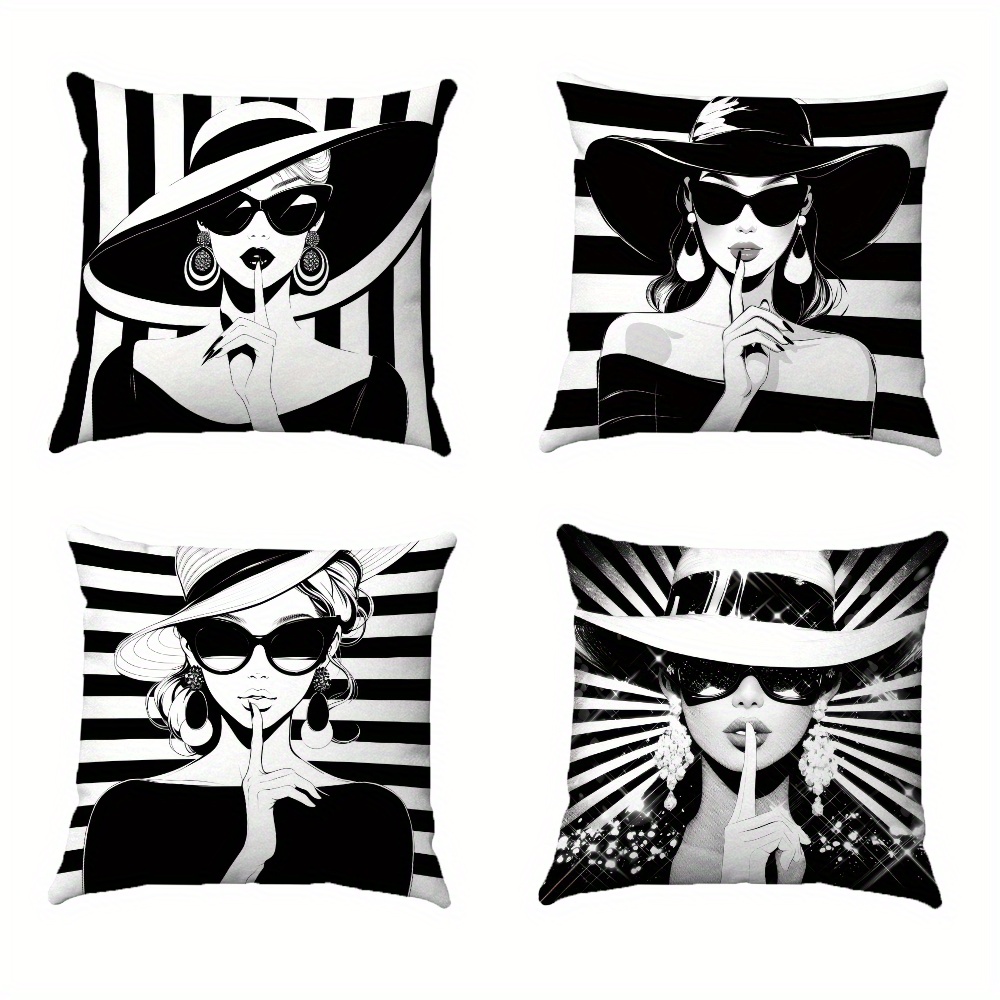 E-shop 4er-Set, modische Hut-Tragebrille mit weiblichem Silhouette-Muster, Kissenbezug, Wohnzimmer-Sofakissen-Dekor, quadratischer