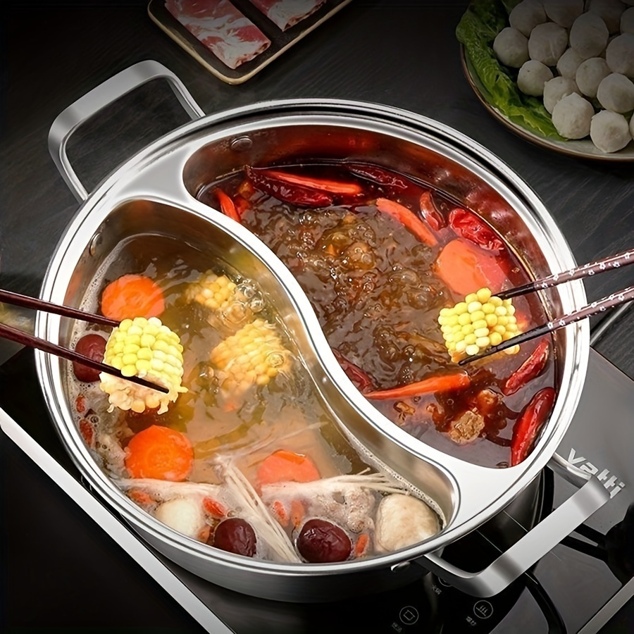 12 4 inch stainless steel dual flavor hot pot with thickened lid integrated design large capacity for family   restaurants outdoor camping holiday meals halloween chinese new year portable hot pot 0