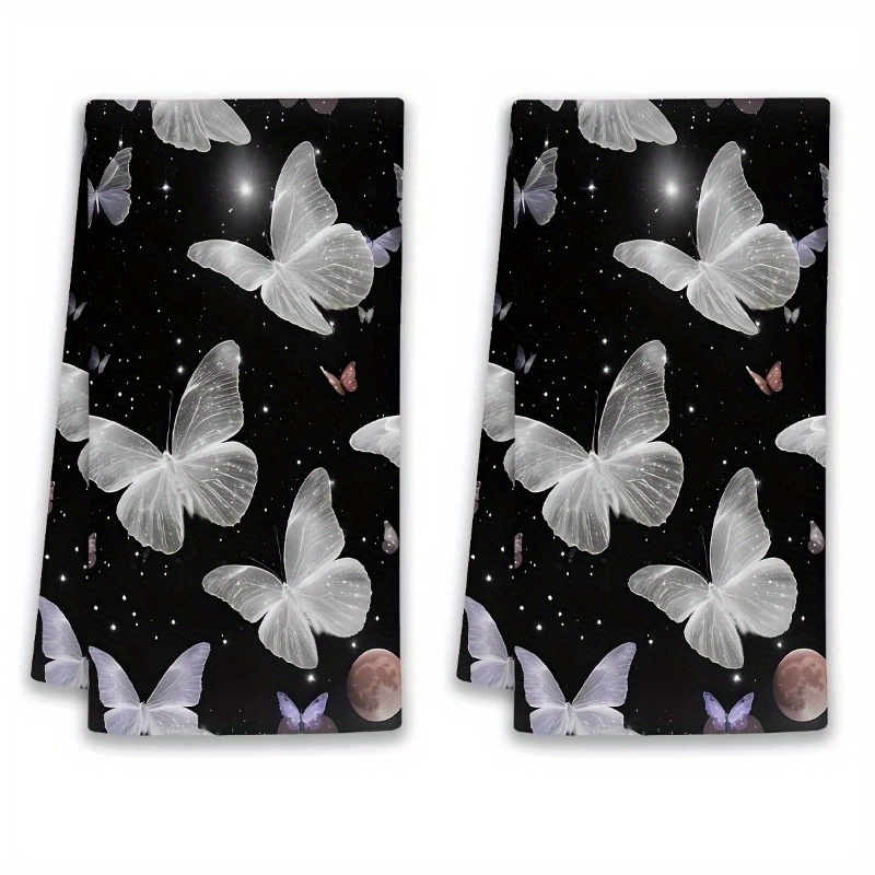 TEMU 2pcs 18*26inch Modern Black Themed Kitchen Towel Set, Super Soft Polyester Rectangular Towels With Cartoon Theme, Farmhouse Bathroom Home Decor