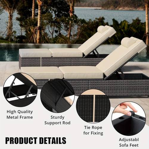 outdoor lounge chair set of 2 wicker rattan patio furniture with adjustable backrest and foldable tray