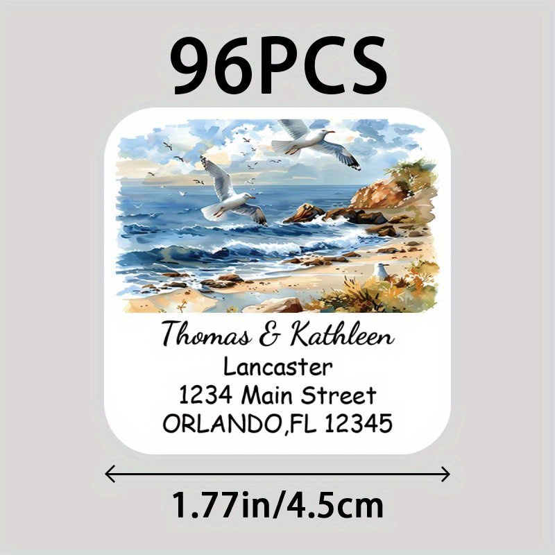 TEMU 48/96 Custom Beach-themed Return Address Labels & Stickers - Personalized Name & Street Address, 1.77 Inch Coastal Waves Design, Durable
