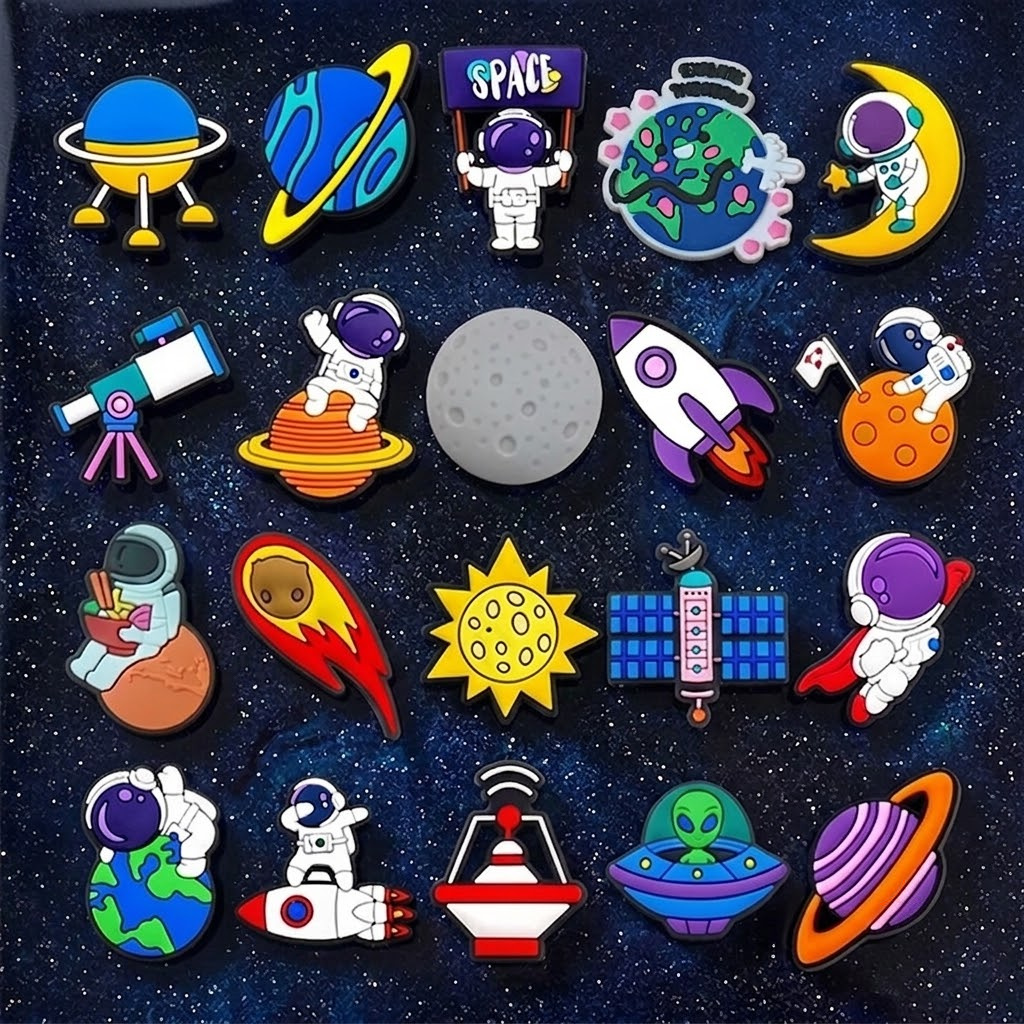 TEMU Paquete de 20 piezas de dijes retro para zapatos con temática espacial - Compatibles con zuecos perforados, clips de PVC para zapatos con