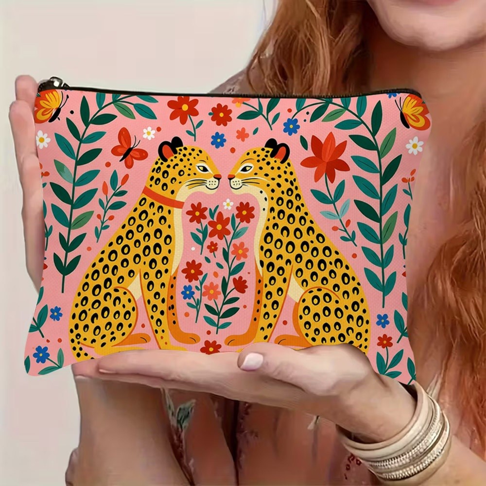 TEMU Trousse de maquillage 1 pièce 2D plate à imprimé fantaisiste léopard et floral, pochette à cosmétiques en polyester, 22cm*15cm/8.7inch*5.9inch,