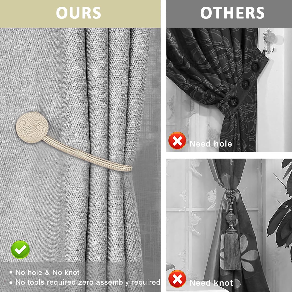 Two Beige Magnetic Curtain Ties, Bohemian Style Curtain Rope Clips, Woven Curtain Fasteners, Suitable for Decorating Curtains in Homes, Offices, And Hotels, Exquisite Curtain Additions