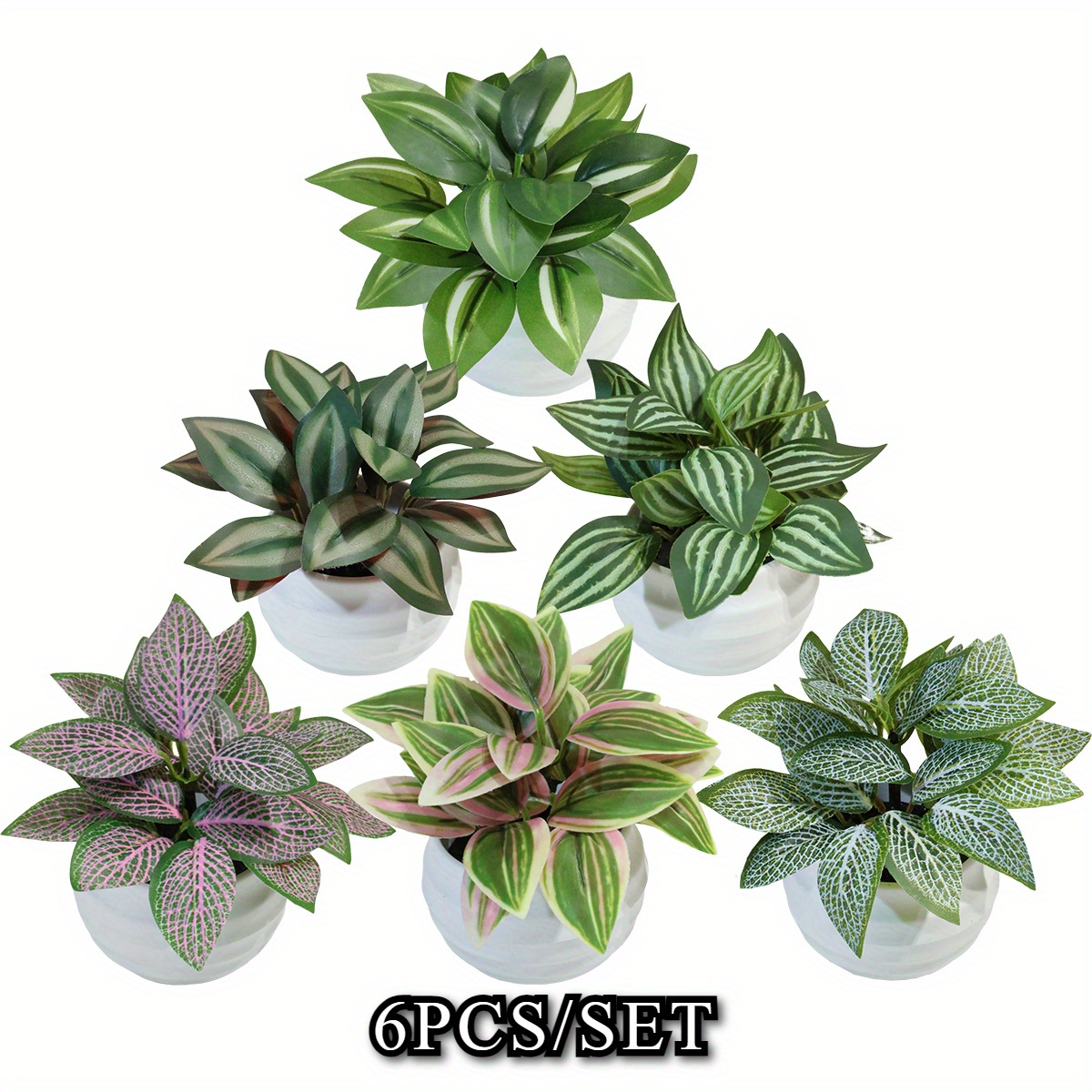 Image of 6pcs Per Set Artificial Potted Plants Fake Leaf Fittonia, Leaf, Peperomia, Leaf Mini Bonsai Pink, Green, Pe Material Outdoor Party Decorations, Garden Decorations, Spring And Summer Home Decor