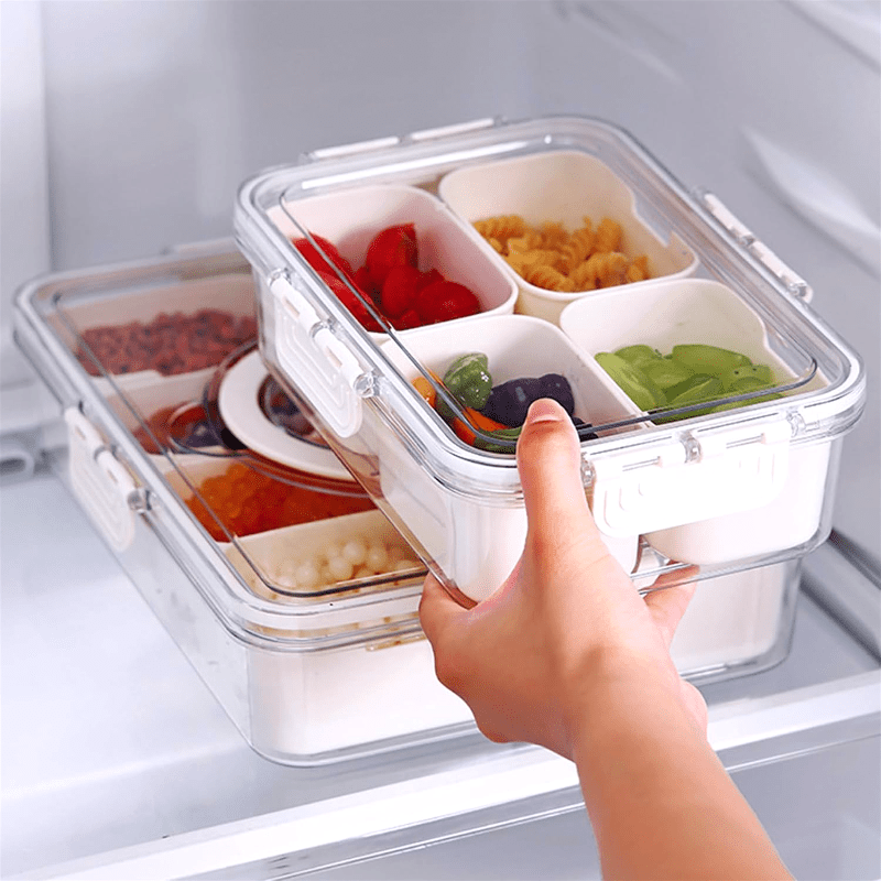 clear snack box container with lid handle 6 compartment portable serving tray for fruits veggies nuts and candy stackable food organizer for fridge picnic party beach and rv   tray details 0