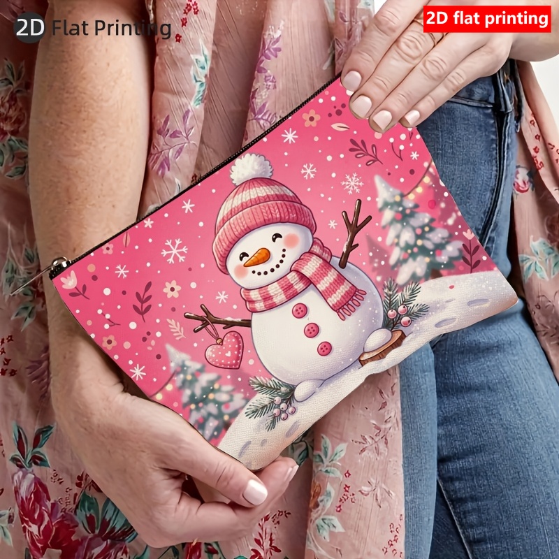TEMU 2d Flat Printing 1pc Pink Christmas Snowman Makeup Bag, Suitable For Christmas And Winter Season Gifts, Large Capacity Zipper Bag With Snowman