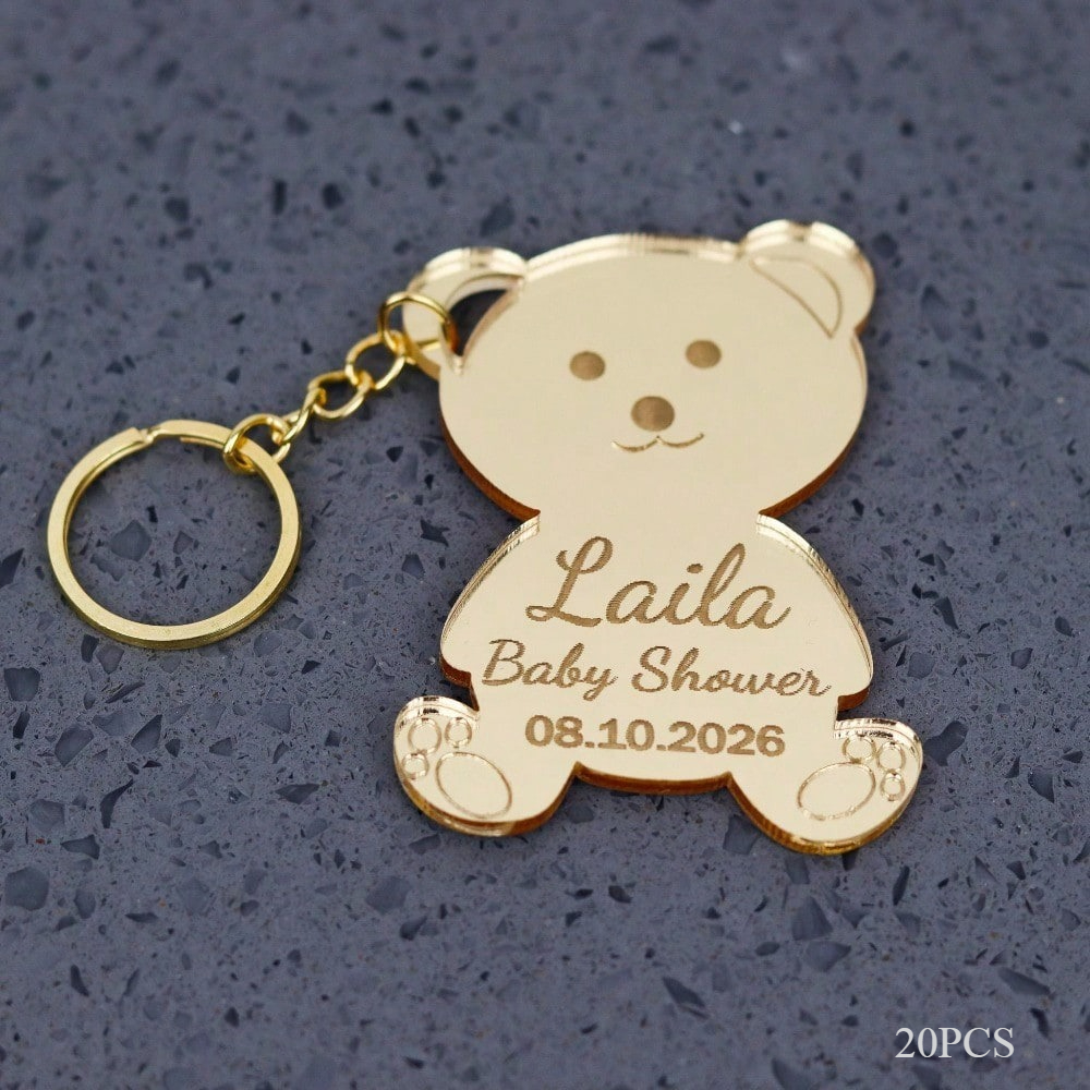 TEMU Gift For Her/him Custom Teddy Bear Acrylic Keychain, Personalized Engraved Name, Golden And Silvery Mirror End, Celebration Favor Tags For