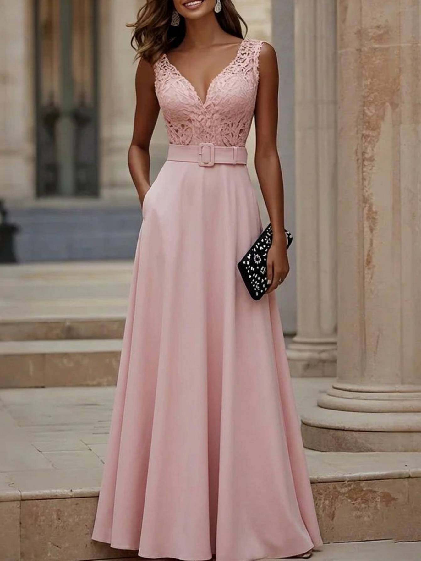 V-Neck Sleeveless Fitted Waist Flared Long Formal Dress for Women