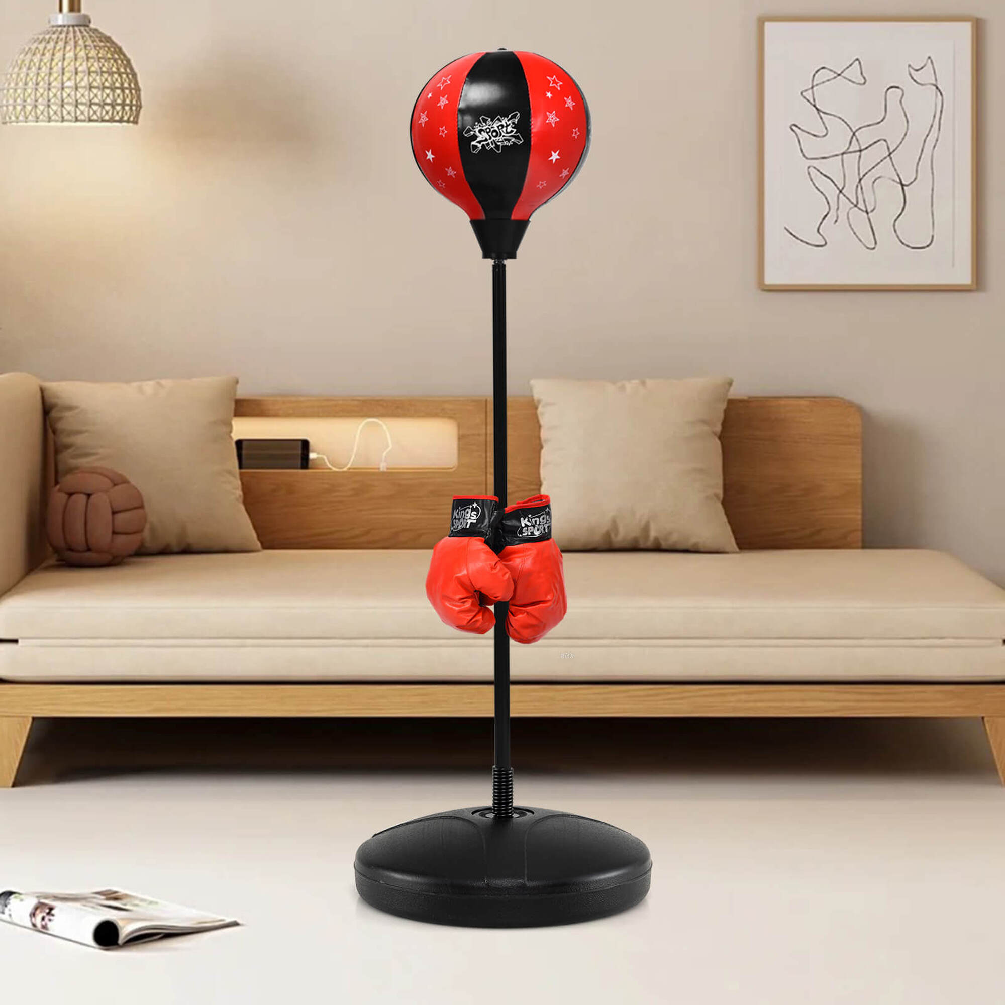 TEMU COSTWAY Entraînement de Boxe Réglable pour Enfants avec Pompe, Ballon Rapide Rouge & Gants - Construction Robuste en Caoutchouc, Base Solide &