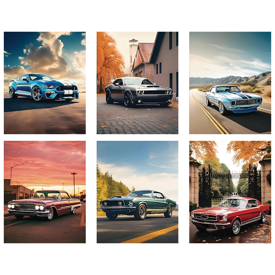 TEMU 6pcs Frameless Car Posters - Retro Classic Car Wall Art Prints With Vibrant Colors, 8x10 Inch High- For Man Cave, Garage, Bedroom, Office -