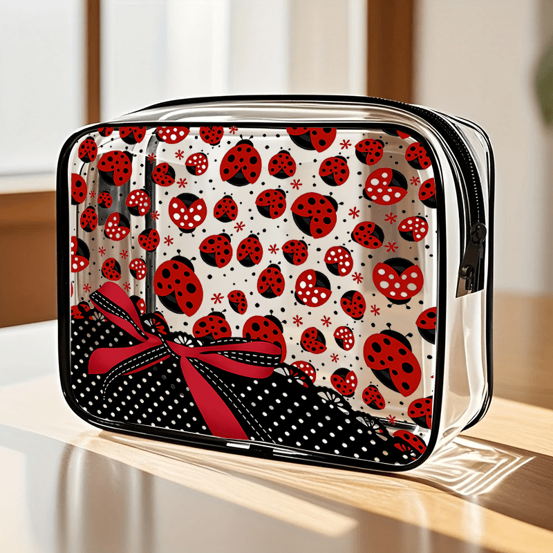 TEMU Cute Bug-themed Transparent Makeup Case Suitable For Travel & Daily Use - Lightweight Zipper Closure Bug-patterned Organizer Pouch With Wet Wipe