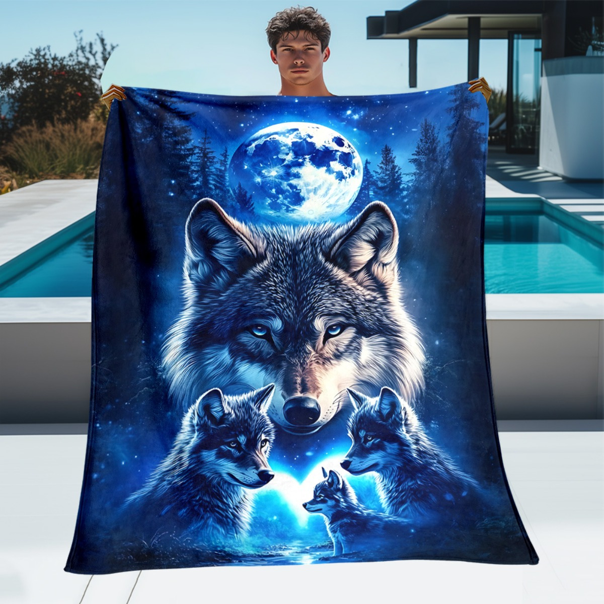 TEMU 1pc Wolf Under Night Sky Blanket- Lightweight Flannel Throw For Sofa, Outdoor, Camping, Livingroom, Office, Chair, And Bed - Digital Printing
