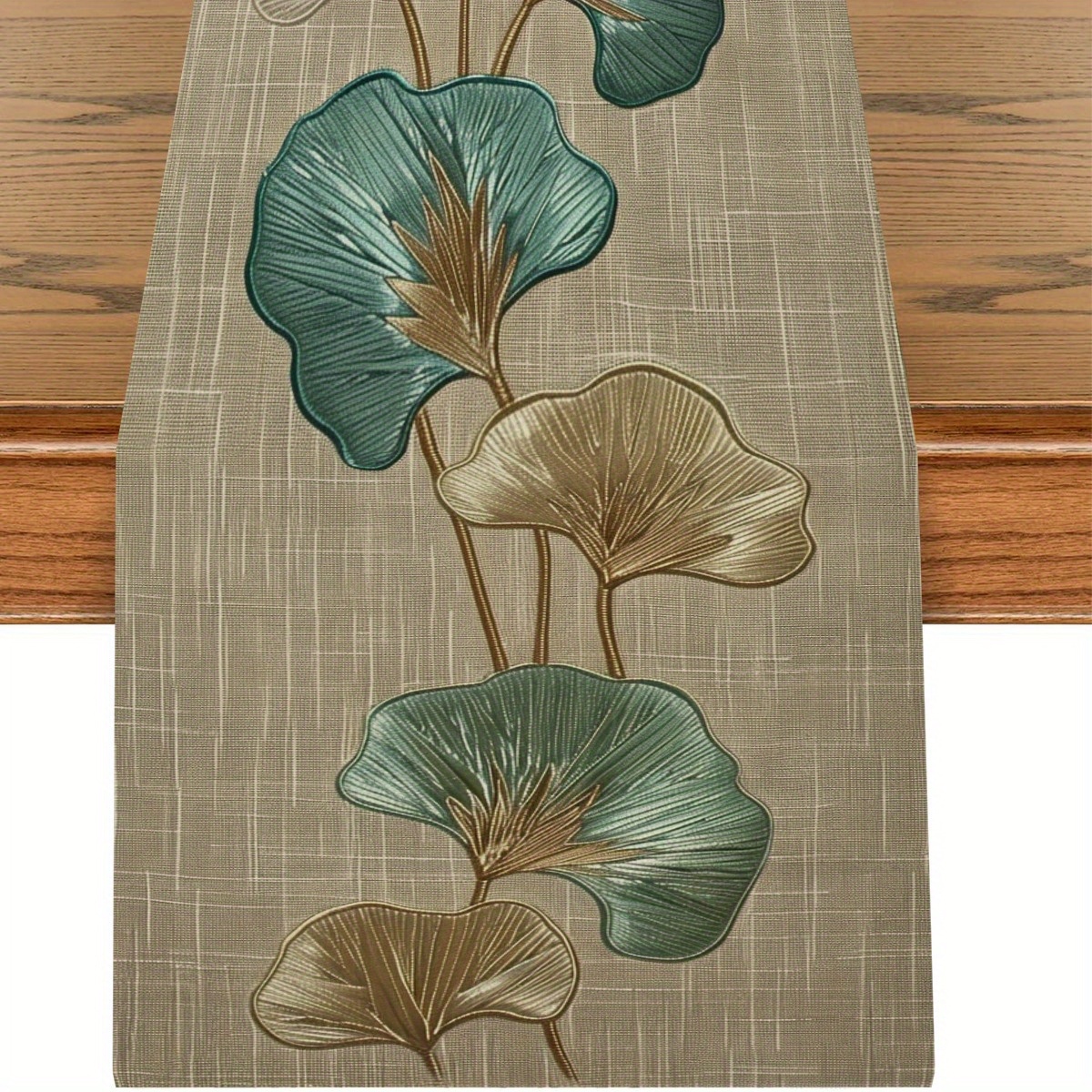 TEMU 1pc Elegant Ginkgo Leaf Table Runner - Green & Golden Polyester Fabric With Intricate Leaf Design, Perfect For Mother's Day, Christmas,