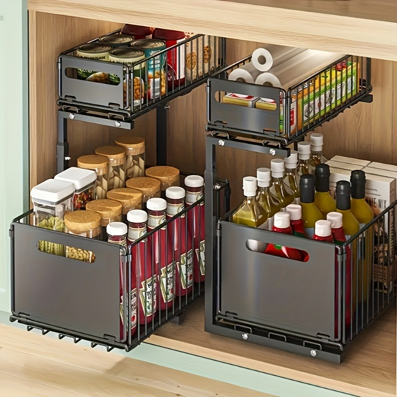 TEMU 1pc/ 2pcs Organisateur de Évier, Organisateur de Placard Coulissant à 2 Niveaux, Étagères de Rangement Coulissantes pour Évier, Rangement Sous