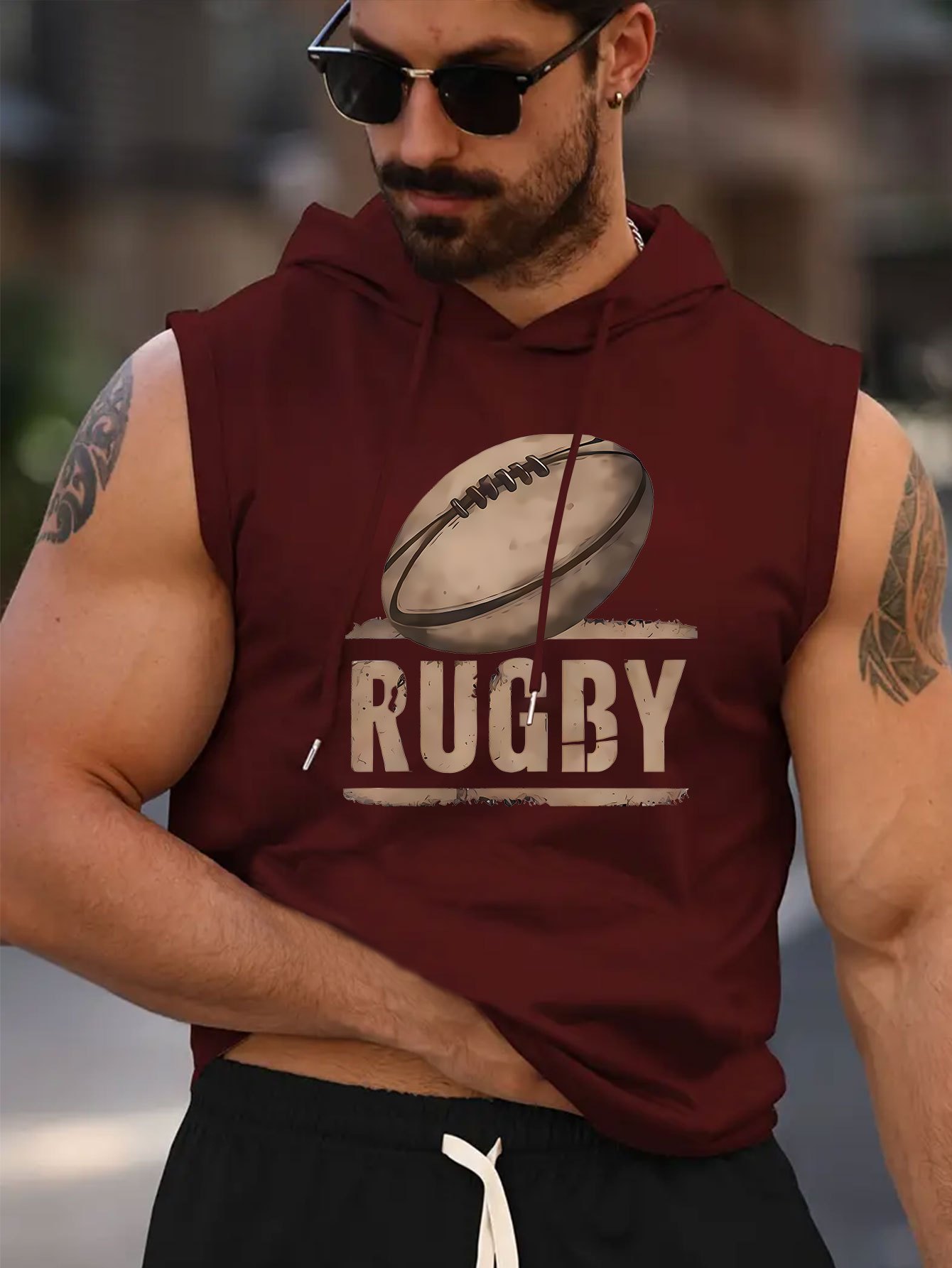tétel kép vintage, kopottas, rúgbis szlogennel nyomott nyomtatású, amerikai retro rúgbis stílusú, kapucnis mellény, hétköznapi sportruházat, rúgbis témájú, ujjatlan felső férfiaknak a pályán való edzéshez