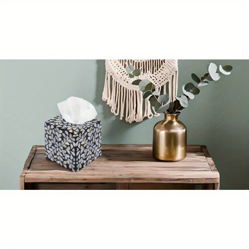 5.9 cube   tissue box cover - elegant black &  -like leaf pattern decorative napkin dispenser organizer, rustic farmhouse vintage tabletop decor for kitchen, bathroom, office - durable countertop storage with easy-access tissue holder (no clutter design), tissue box holder, facial tissue holder, kleenex box holder, kleenex box cover Product details 1
