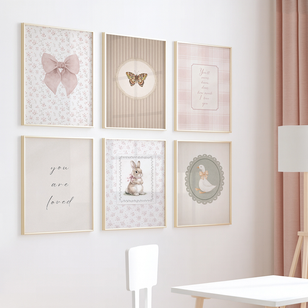 TEMU 2d Flat, 6pcs Creamy Decorative Art, Soft Misty Pink Beige Color Scheme, Vintage Pastoral Art Design, With Bow, Bunny, Gosling, , And Floral