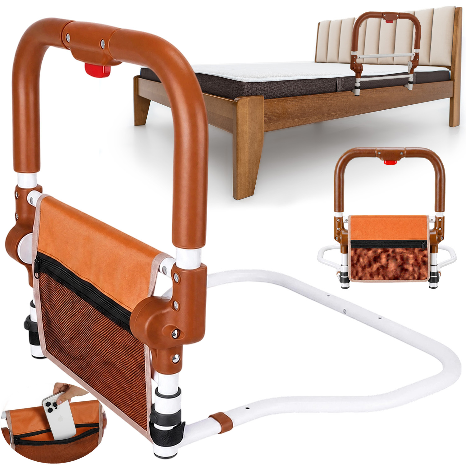 Image of Ergonomic Foldable Bedside Grab Handrail, 200kg Load Capacity Standing Support Aid With Storage Bag, Assist Rail For Home Use