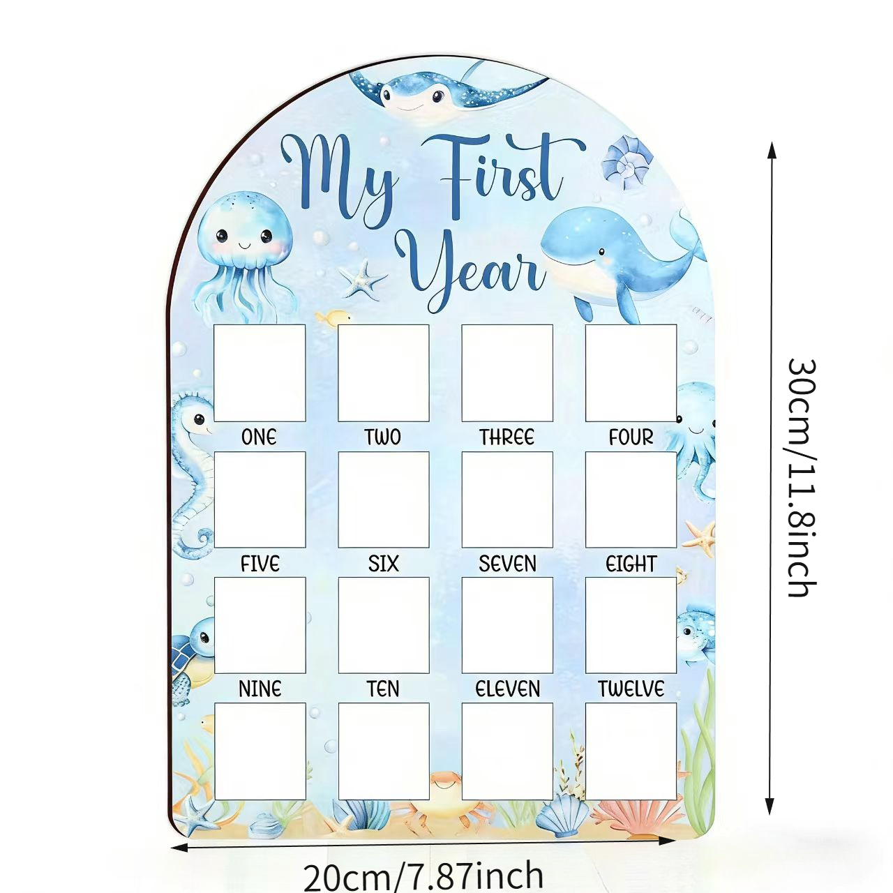 TEMU 2D Plat, 2D Plat Bedrukt, "Mijn Eerste Jaar" Onderwaterwereld - Blauw Houten Ornament, 12-Maanden Mijlpaal Display, 1e Verjaardagsdecoratie en