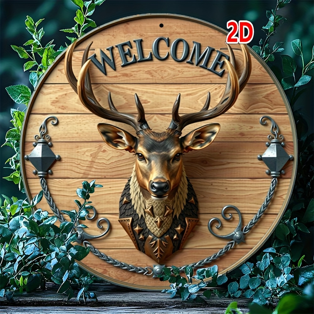 TEMU 2d Flat, 8-inch Round Wooden Deer Head Welcome Sign - Antler Wall Decor With Leaf Pattern Suitable For Entryway, Cabin, Garden, Bar - Rustic
