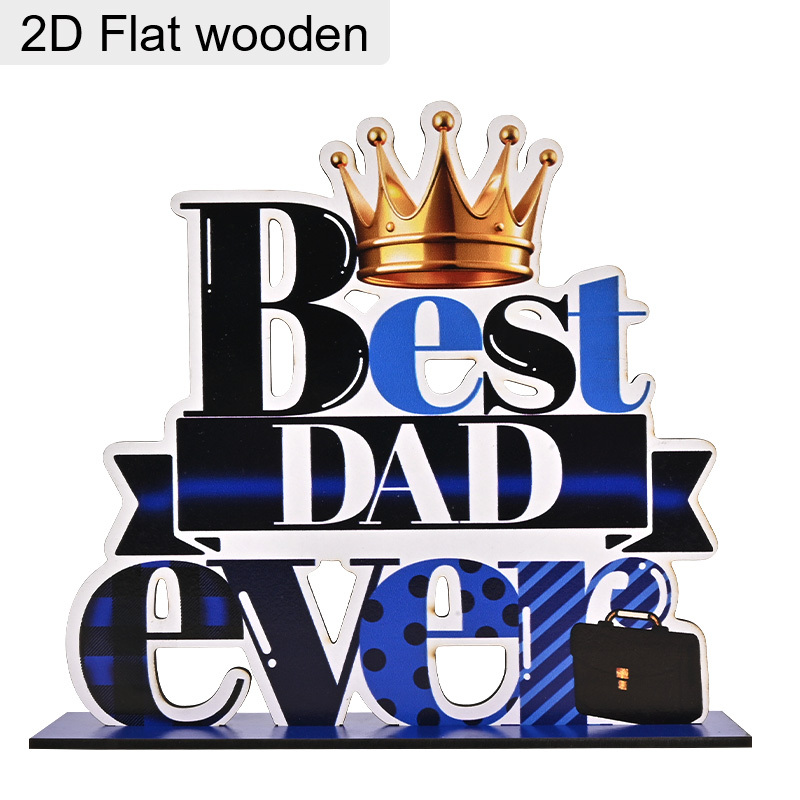 TEMU 2d Flat, 1pc Best Dad Ever Wooden Decorative Plaque, Crown And Briefcase Design, Father's Day Gift Table Decor, Blue Black Polka Decor,