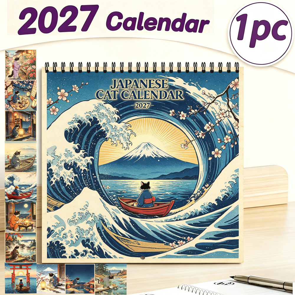 TEMU 1pc 2027 Hanging Calendar, Vibrant -e Kimono Cat, Cherry Fuji Japanese , Home Decor Gift Suitable For Holidays, Birthdays, Christmas, For Cat