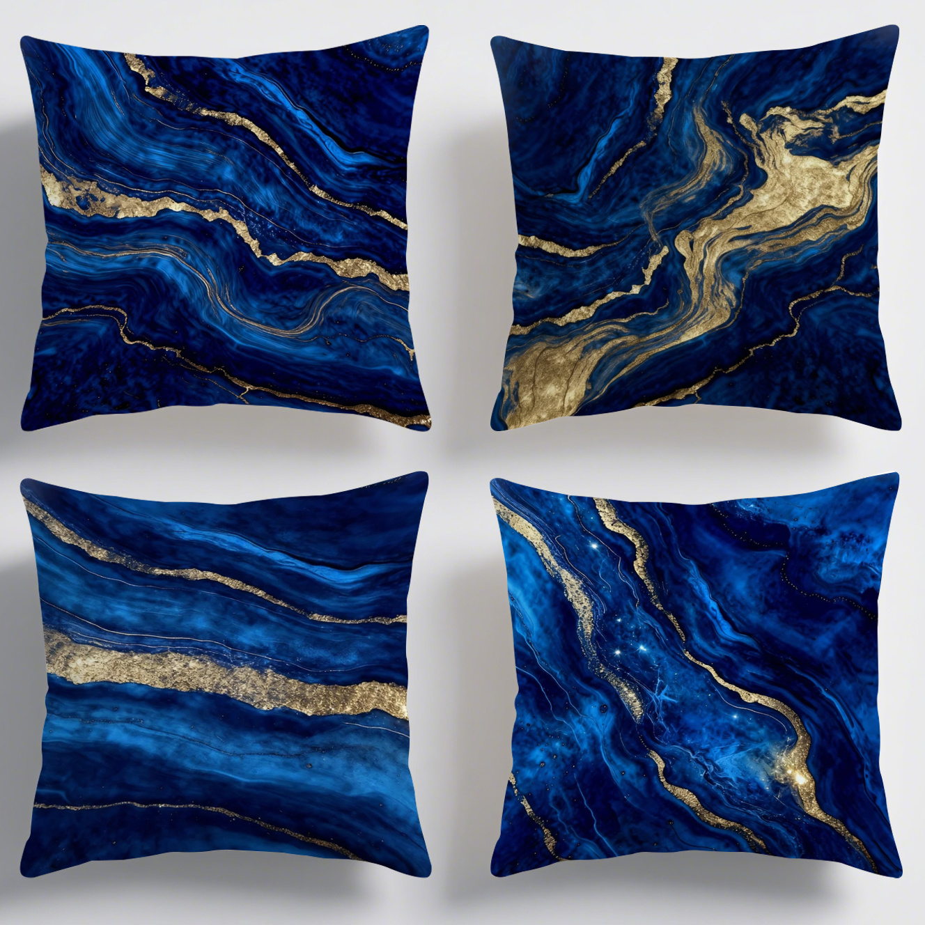 TEMU 4pcs Luxury Blue Pillow Covers - Contemporary Elegant Blue & Golden Zippered Cushion Cases Suitable For Sofa, Bed, - Machine Washable Decorative