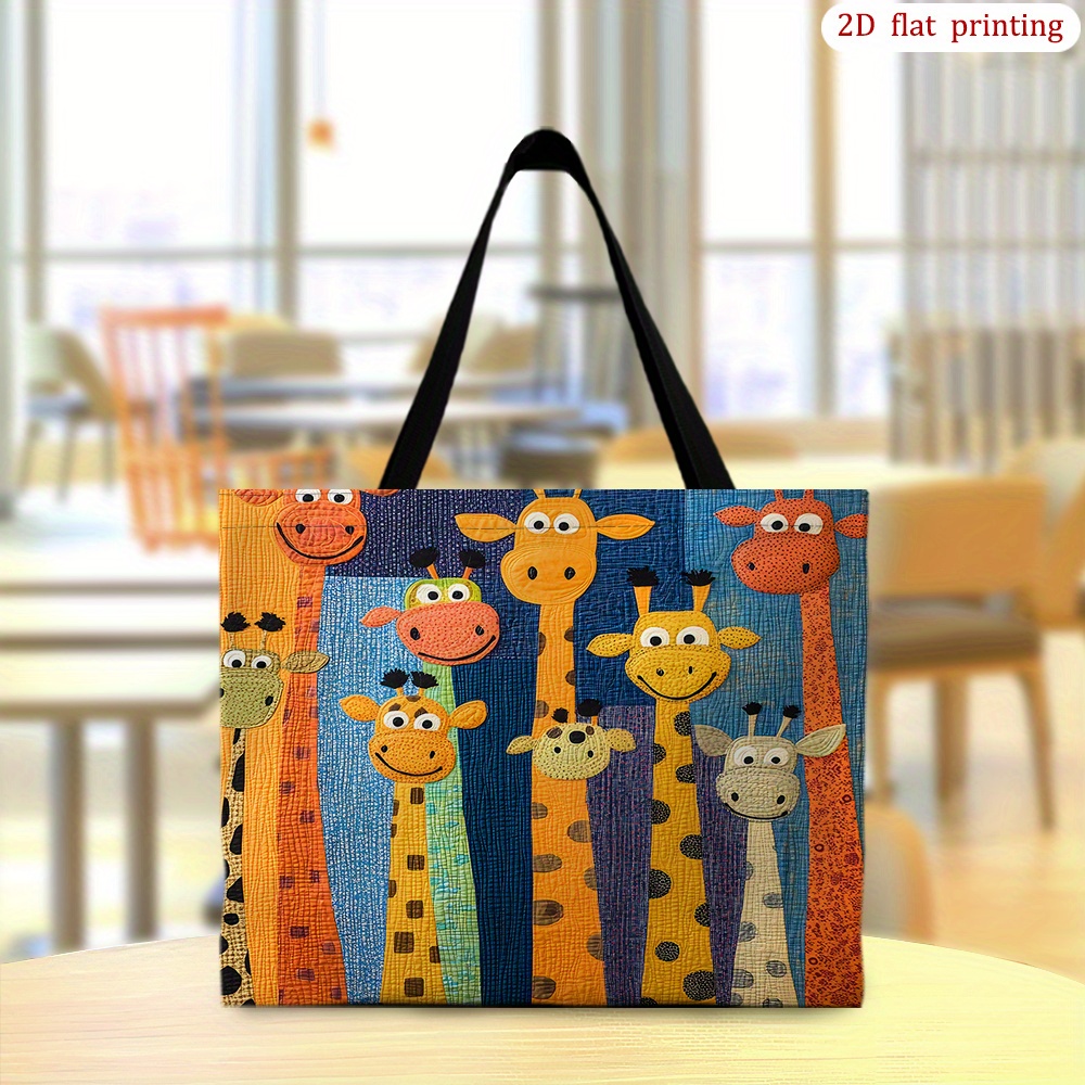 Image of 1pc Stylish Giraffe Print Tote Bag Suitable For & - Lightweight Durable Quilted Giraffes Handbag, Casual , Machine Washable Grocery & Travel Bag With Open Top (no), 2d Flat, For Teenager