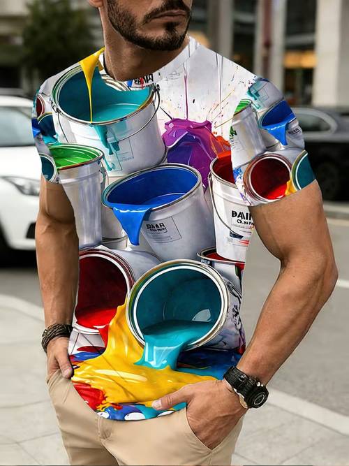2026 summer 1pc mens street neck short sleeve t shirt with colorful paint splash graphic print polyester knit loose stretch suitable for machine washable top casual streetwear