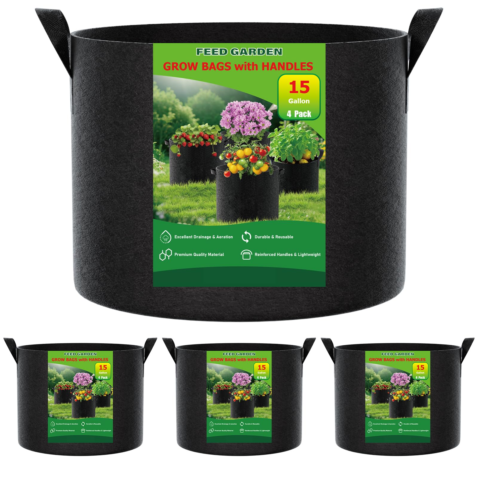   15 gallon grow bags 4 pack 300g thickened fabric plant pots with reinforced handles breathable drainage planters for vegetables tomatoes herbs indoor outdoor gardening