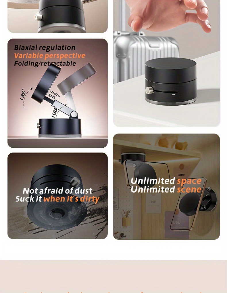 1pc Multifunctional Vacuum Suction Phone Holder, Foldable & Extendable, Dual-Sided Magnetic Adsorption, Car, Office, Glass, Home Use, Compact & Portable, Compatible with iPhone & Android, Sleek Black Finish