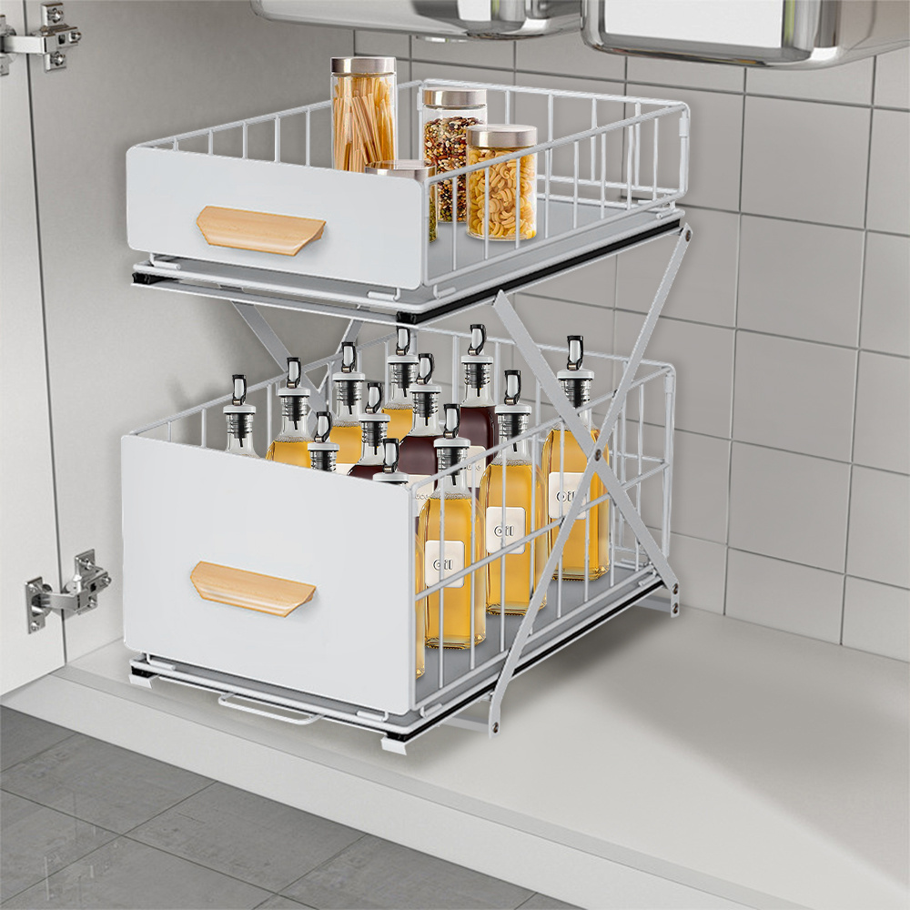 A White Adjustable Sink Rack Made Of Carbon Steel, Measuring 40 X 26 Cm, Featuring A Pull-out Design Suitable For Storing Condiments, Books, Documents, And Other Items