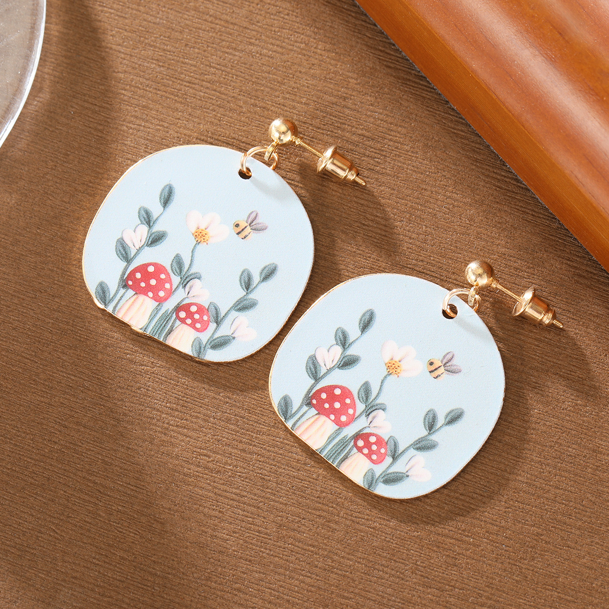 Women's Mushroom Floral Bee Print Pendant Earrings, Cute Style