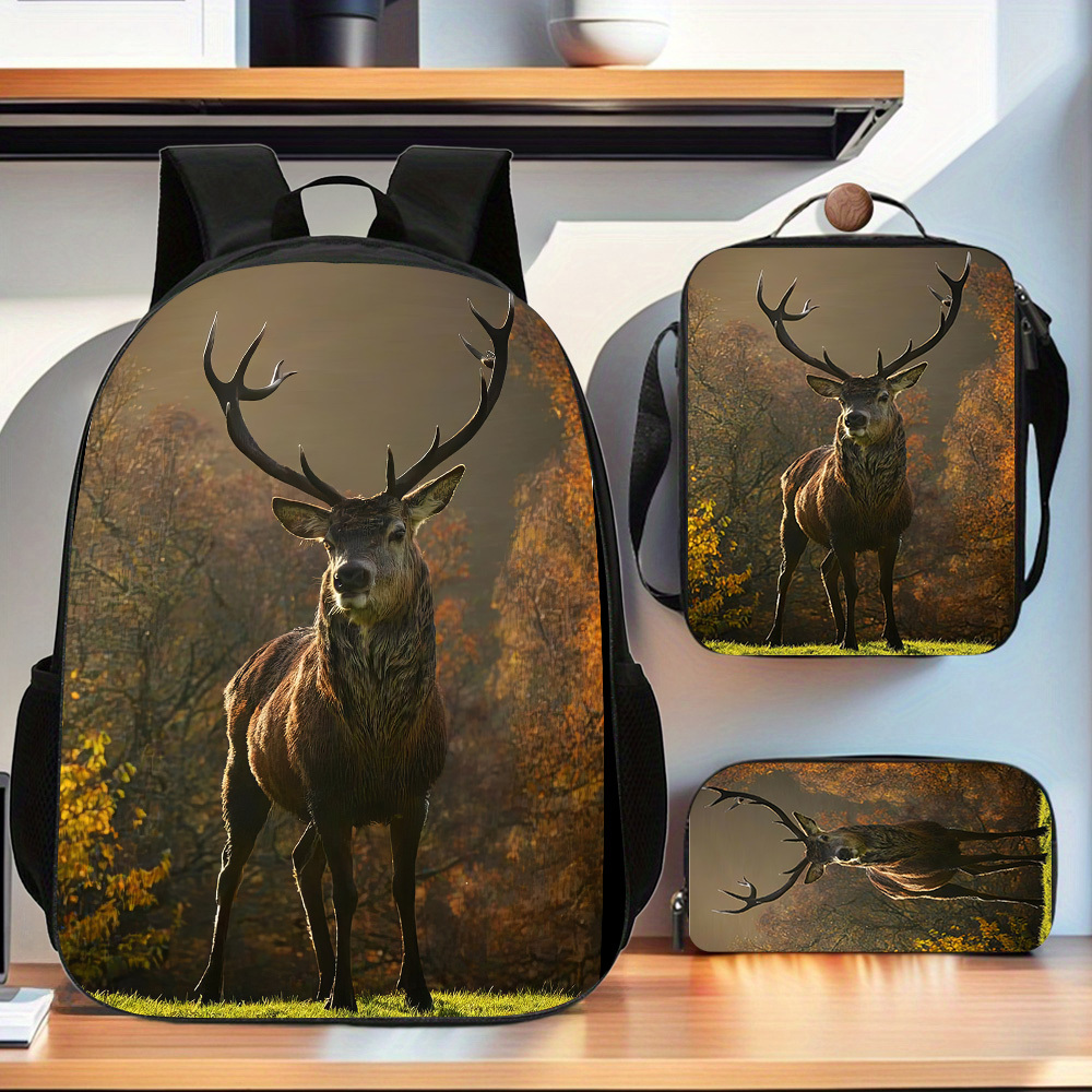 TEMU 3pcs Deer Backpack Set, Includes Large Capacity Book Bag & Handbag & Pen Case, Perfect School Bag Set For Student Commuting For Travel Use