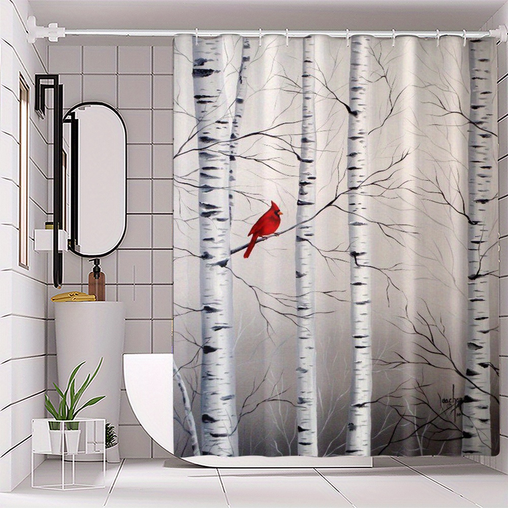 

Winter Bird Print Water-resistant Polyester Bath Curtain With Hooks, Woven Fabric, Machine Washable, Universal Seasonal Use For Bathroom Decor