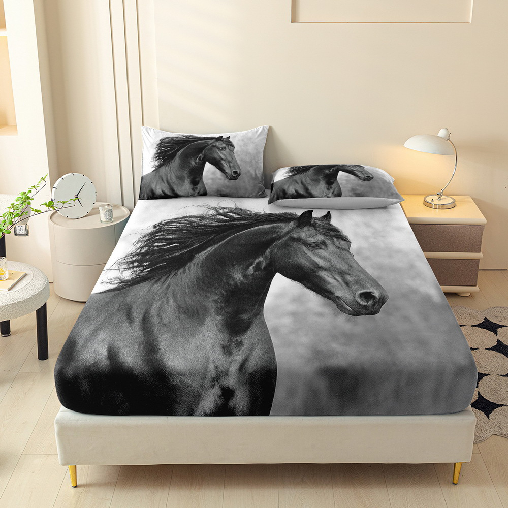 TEMU 3pcs Animal Horse Printed Fitted Sheet Set, Queen Mattress Cover, Twin Mattress Protector, King Bedding, Polyester Machine Washable, Bedroom ,