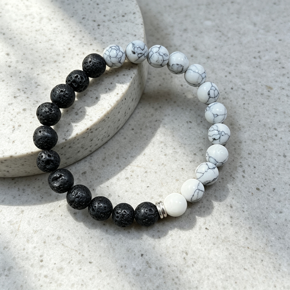 Unisex Handmade Black Rock and White Veined Stone Bead Bracelet