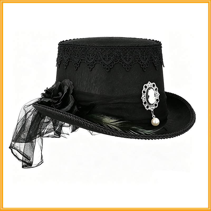 TEMU Gothic-style Black Lace Top Hat, Vintage Embossed Portrait, Pearl Embellishments, High- Hat, Dark-themed Stage Hat