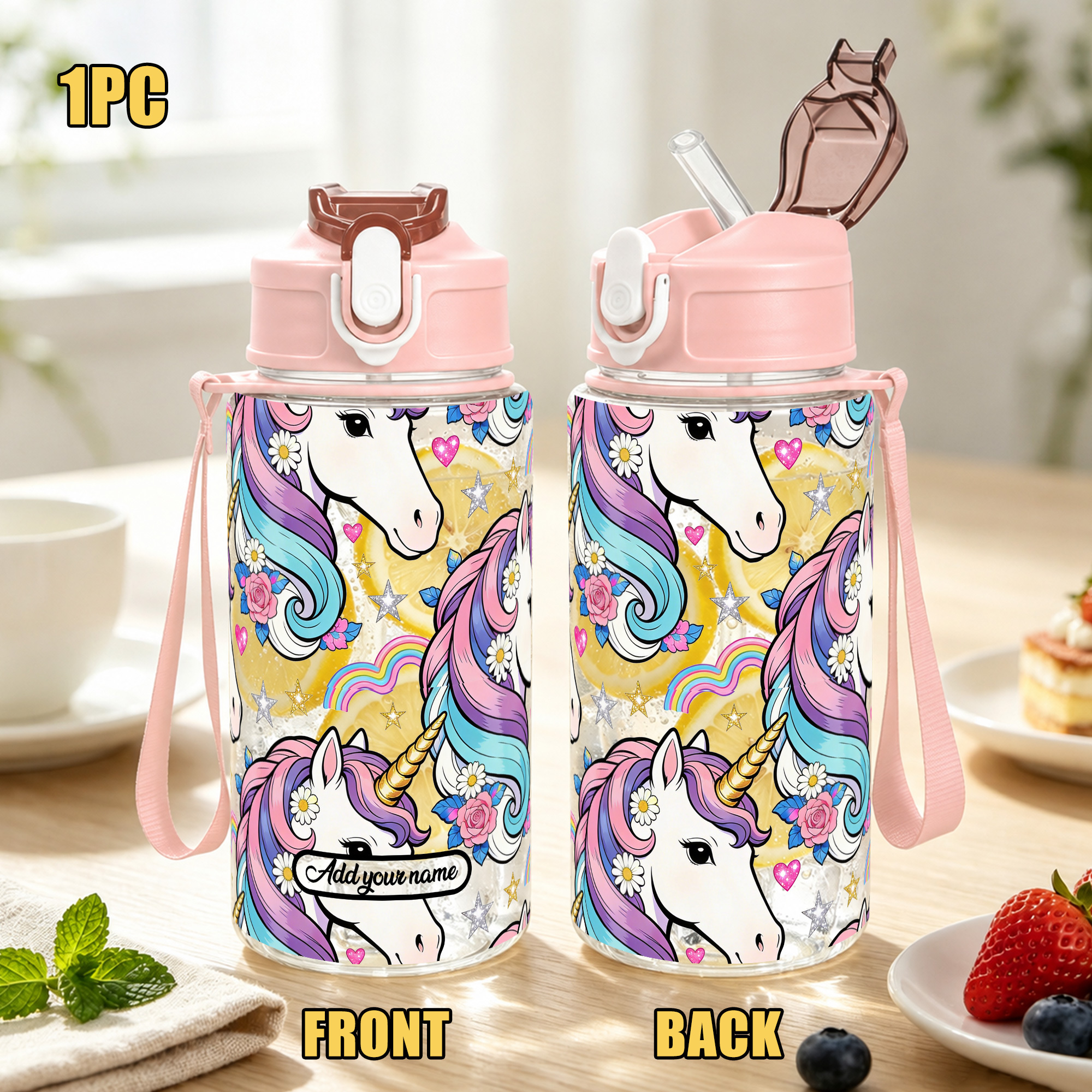 TEMU 1pc, 16oz/480ml Personalized Water Bottle With Name Leak Proof Custom Sport Water Bottle Cute Unicorn Print Reusable Drinking Cup For School Gym