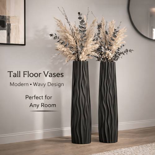 2pcs set of extra large floor vases 58cm tall shatterproof and break resistant plastic vases with ceramic like texture and wavy pattern suitable for floral arrangements for decorating living room corners black and white set