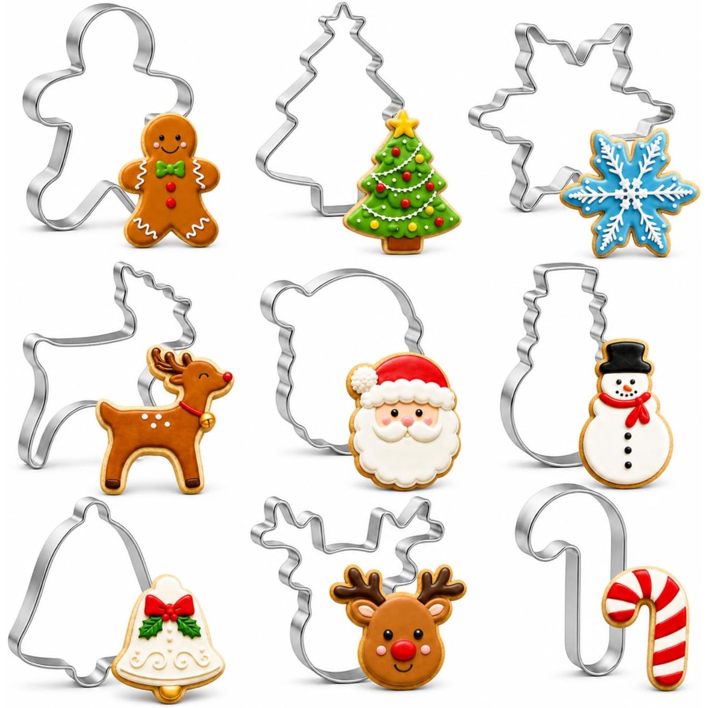 TEMU 9pcs Christmas Cookie Cutter Set, 9pcs Stainless Steel Holiday Shapes | Santa, Tree, Snowman, Reindeer, Bell And Candy Cane Shapes Suitable For,