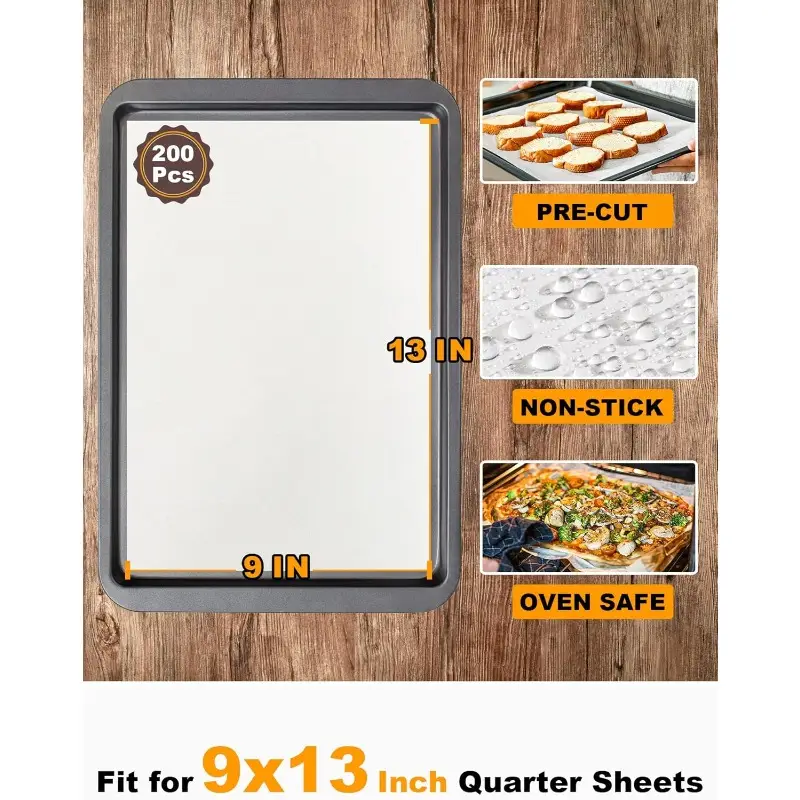 200 sheets precut non stick parchment paper for baking 9x13 inch pre cut to size 450 natural wood with silicone coating high quality disposable baking sheets for oven air fryer grilling steaming no curling fits cookie muffin trays grilling liner coating material meal preppers home bakers Product details 1