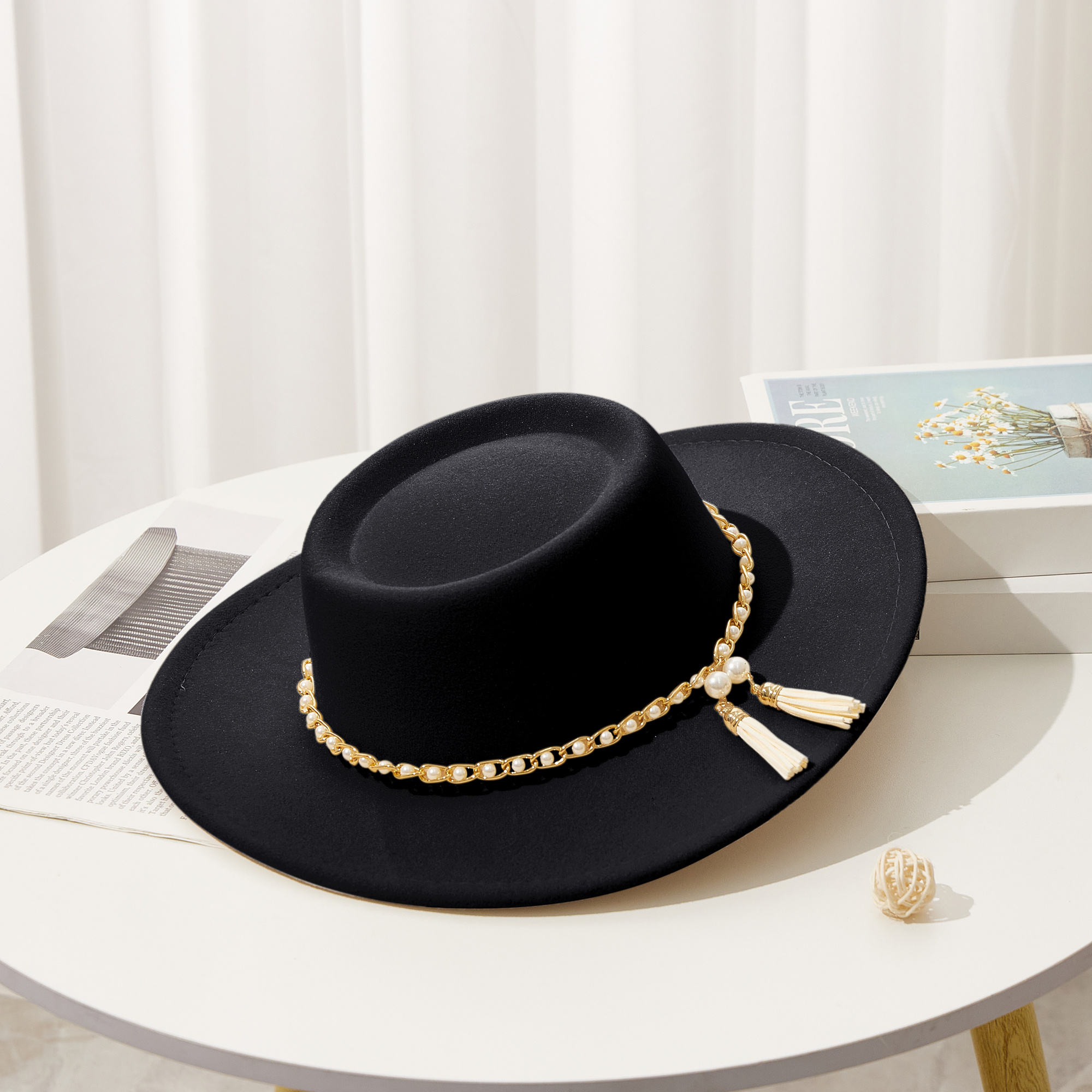 lightweight felt fedora hat with chain & tassel - elegant  display picture 1