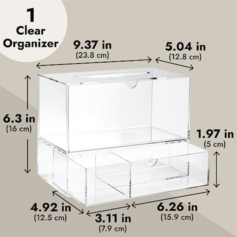 1  tissue box holder with 3-drawer organizer - heavy-duty modern rectangular dispenser with pull-out drawers, space-saving bathroom/vanity cabinet storage, fits standard tissues & caddy systems, 9.3” wide, 3-compartment drawer, dust-resistant & hygienic design, minimalist white frame & clear panels, multi-functional organizer for tissues, swabs, balls (1 unit), decorative tissue box holder, tissue holder bathroom, tissue box with storage, tissue box holder for car, Product details 2