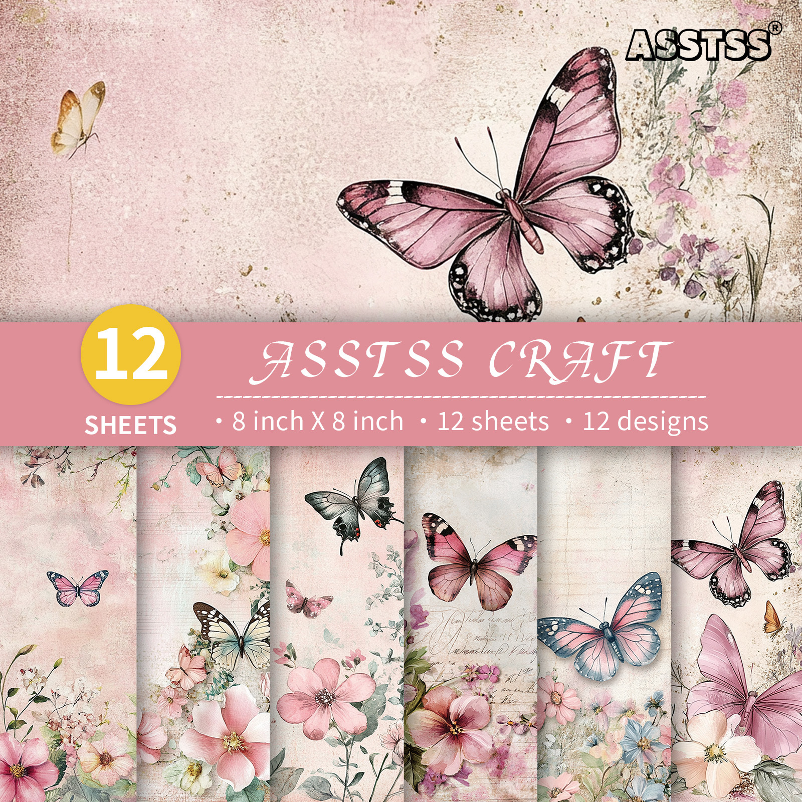 TEMU Bloc de papier de scrapbooking ASSTSS 12 feuilles - Papier cartonné épais adapté au journaling, feuilles rétro vintage à floraux et papillons